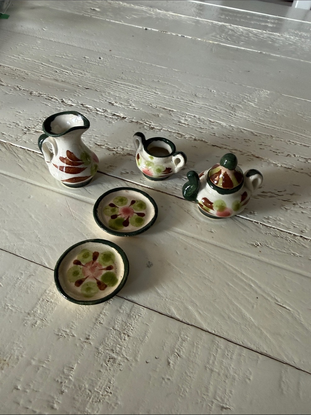 Vintage Hand-Painted pottery Miniature Pitcher and Dish Set Green Brown cream